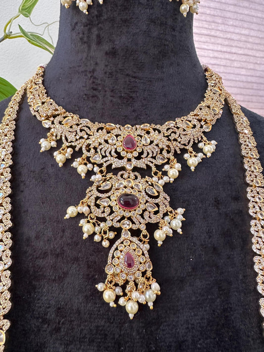 American diamonds necklace set one long, one short necklace with maang tikka and earrings combo pack