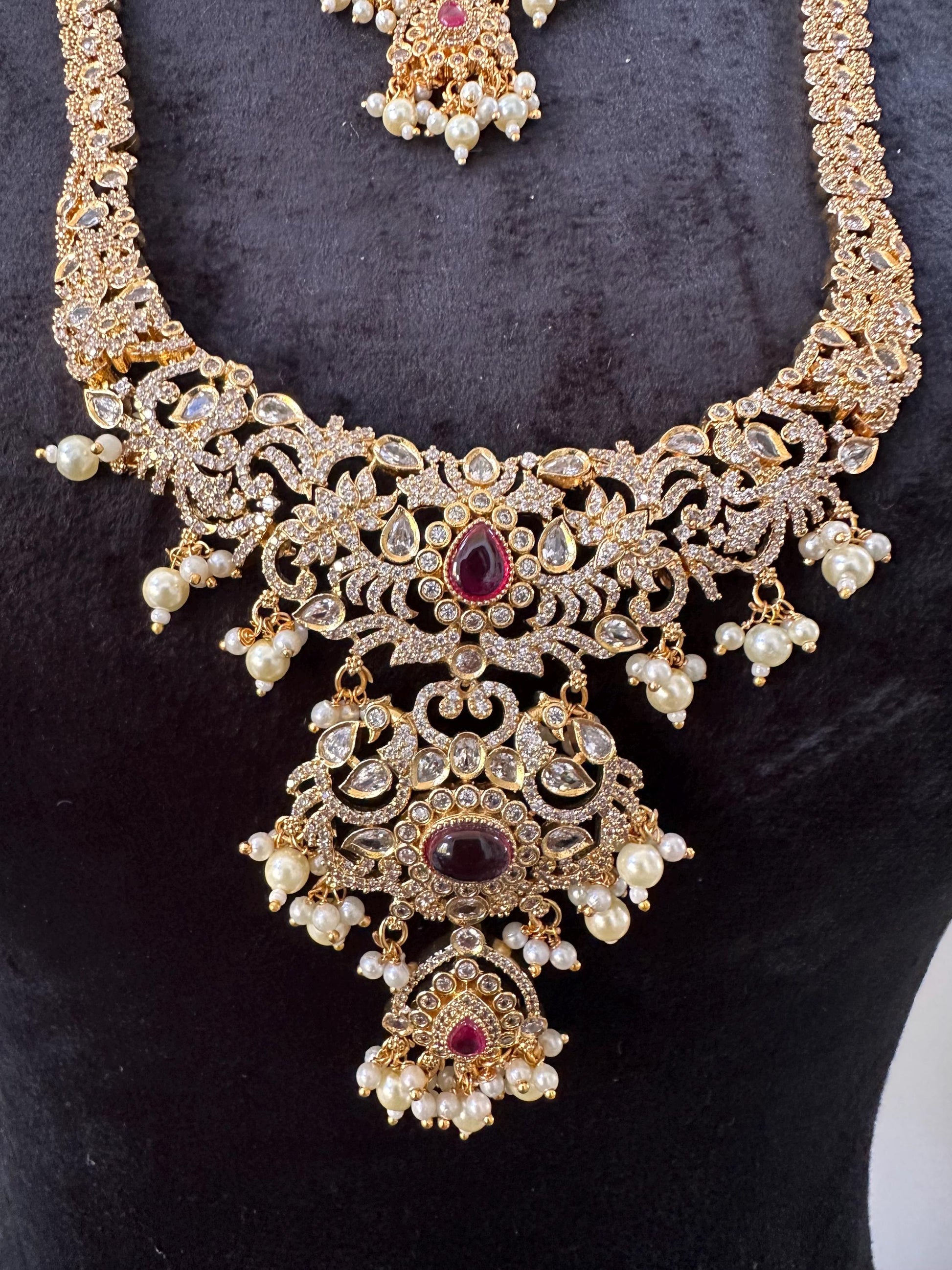 American diamonds necklace set one long, one short necklace with maang tikka and earrings combo pack