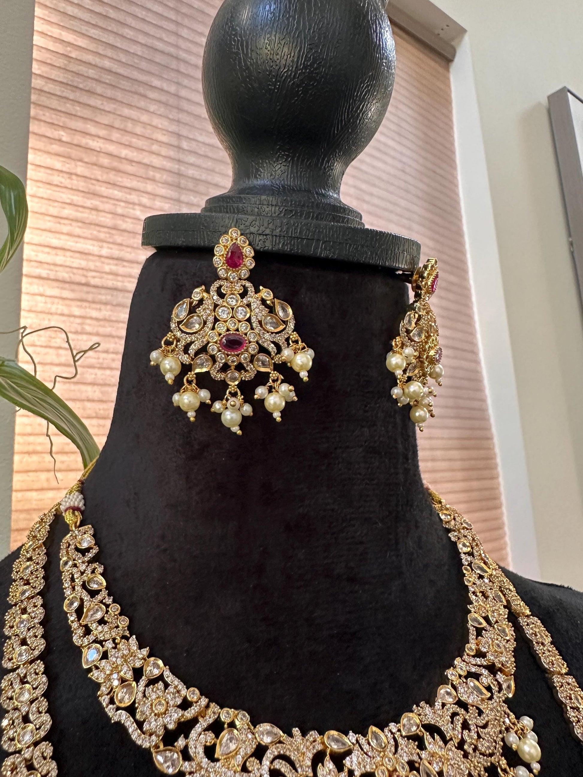 American diamonds necklace set one long, one short necklace with maang tikka and earrings combo pack