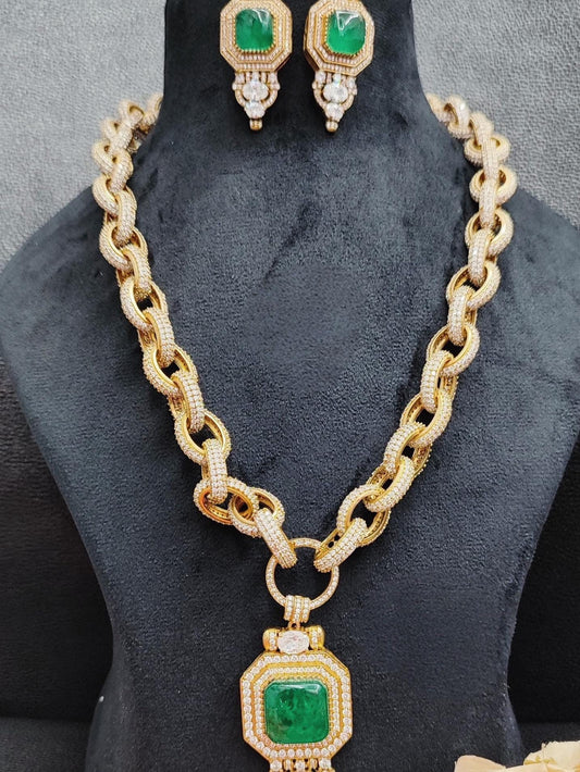 Sabyasachi inspired chain and pendant set with American diamonds and semiprecious stone (doublet stone)