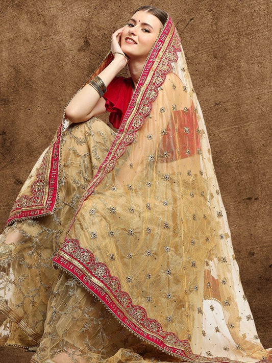 Bridal Sada Saubhagyawati Bhav Net Dupatta with heavy Border/shawl/stole Gold Magenta