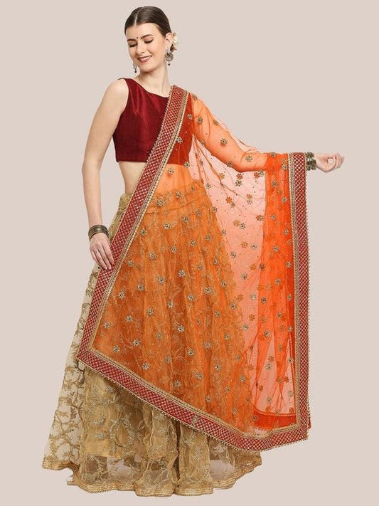 Embroidered Orange Bridal/Wedding Wear Net Dupatta/shawl/stole