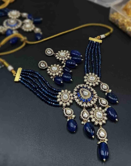 Blue beads necklace set in Polki, adjustable gold polished