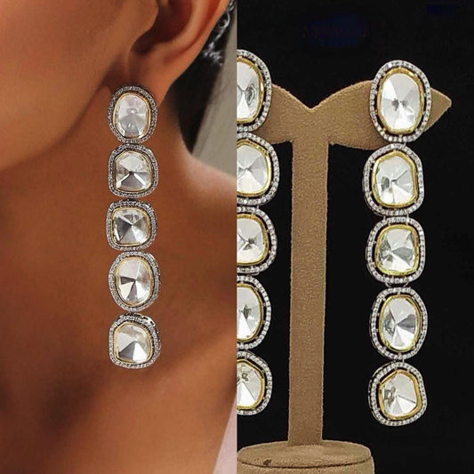 Polki long earrings with American diamonds two tone
