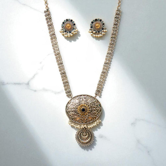 Oxidised Long Necklace With 2 Tone Plating