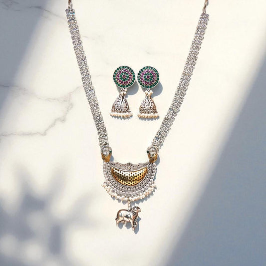 Oxidised Long Necklace With 2 Tone Plating