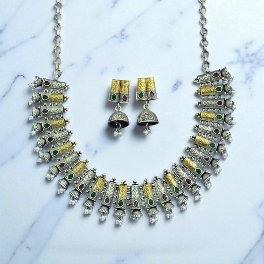 Oxidised German Silver Necklace With 2 Tone Plating ruby green