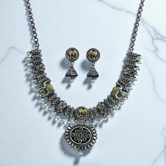 Oxidised German Silver Necklace With 2 Tone Plating