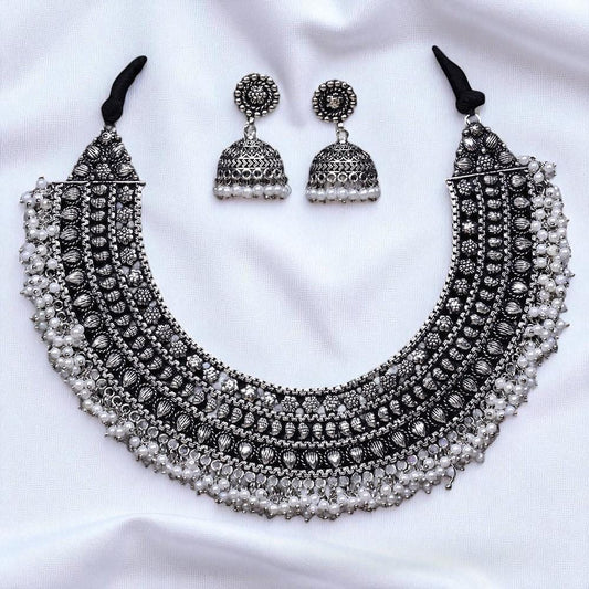 Moti Necklace With Oxidised Plating silver