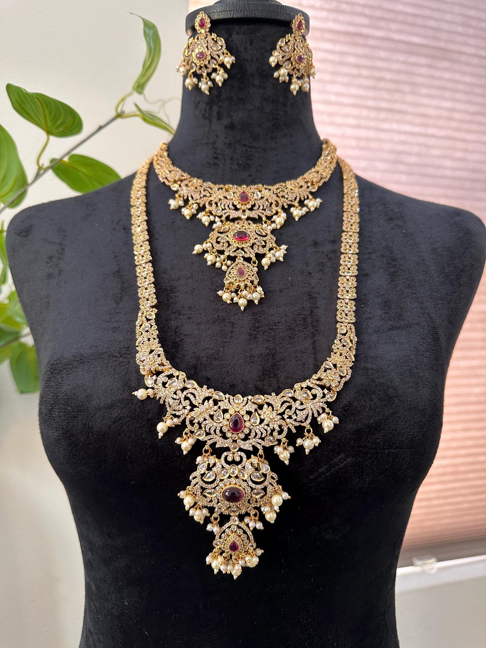 American diamonds necklace set one long, one short necklace with maang tikka and earrings combo pack