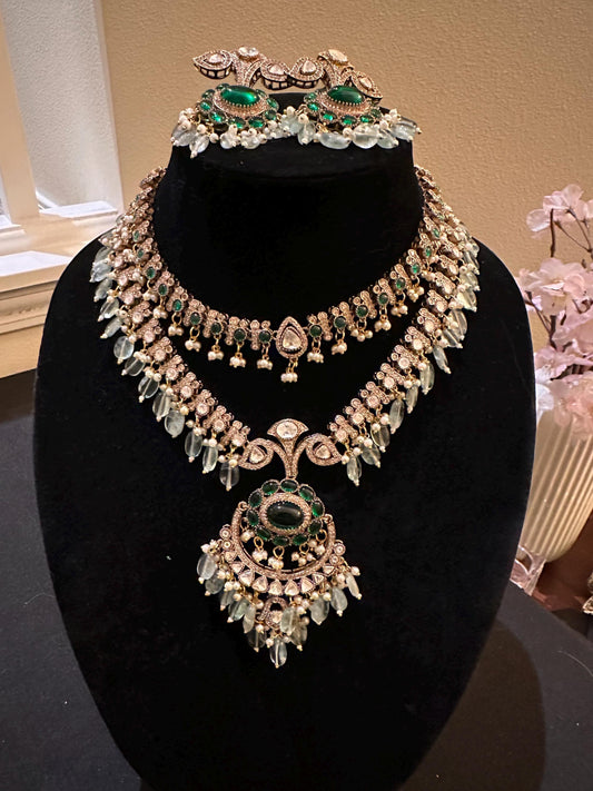 Semiprecious stone choker necklace set with Mossanite, polki American diamonds adjustable gold polished