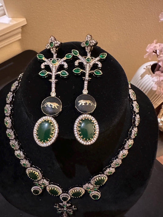Sabyasachi inspired long necklace set emerald stones gold polished