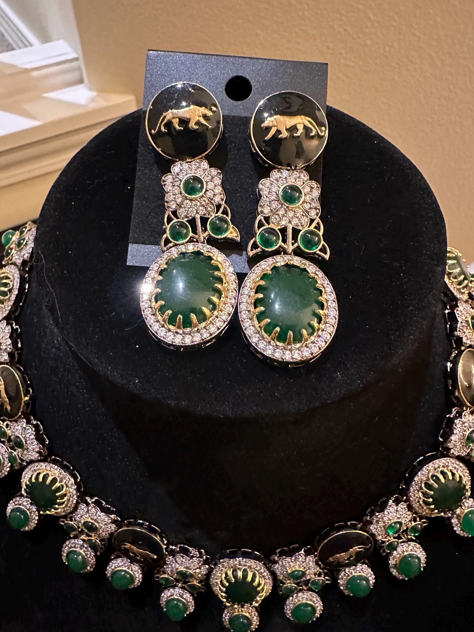 Sabyasachi inspired long necklace set emerald stones gold polished