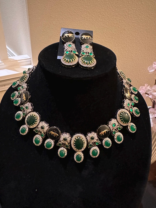 Sabyasachi inspired long necklace set emerald stones gold polished