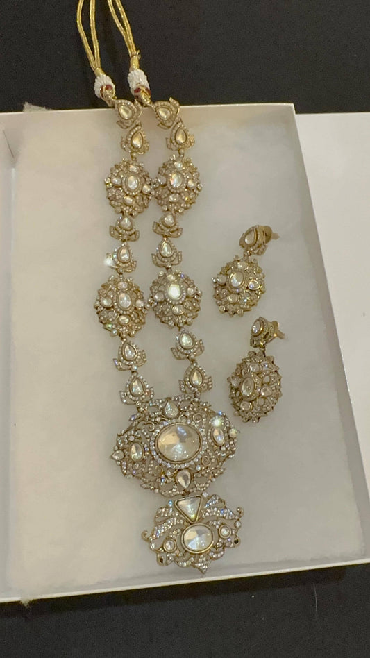 Clear stone and polki Necklace Set: Mossanite, Polki American Diamonds Victorian polished
