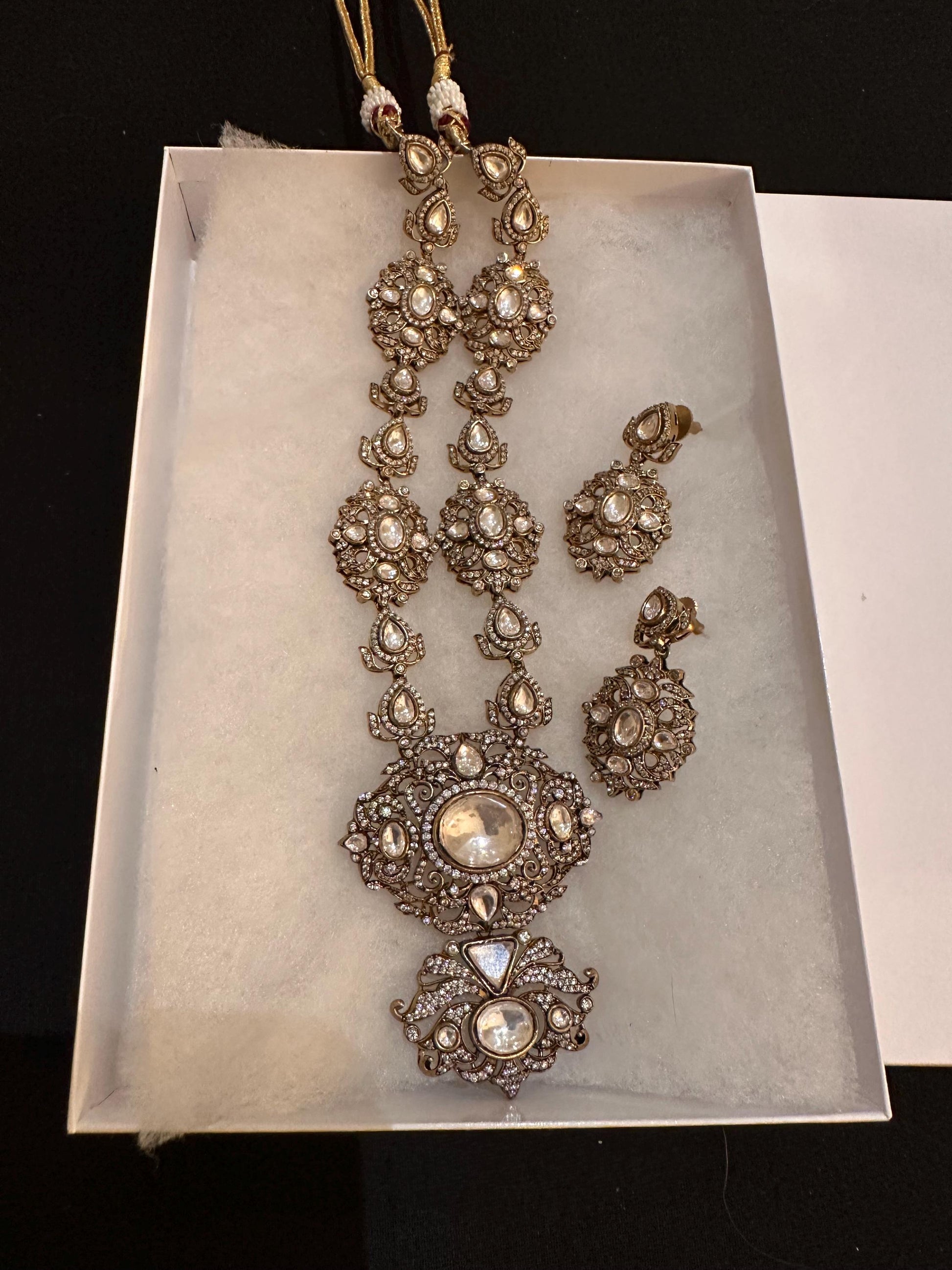 Clear stone and polki Necklace Set: Mossanite, Polki American Diamonds Victorian polished