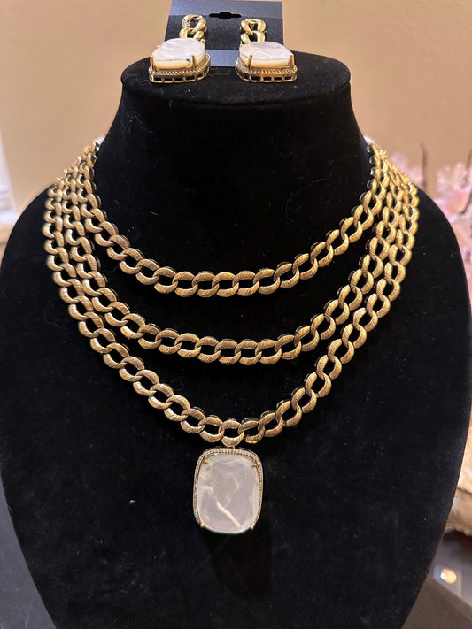 Mother of pearl pendant with American diamonds layered chain necklace set in Victorian polished