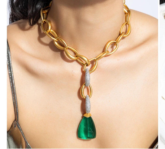 Doublet Stone Polki Pendant Necklace Set: Gold, American Diamonds