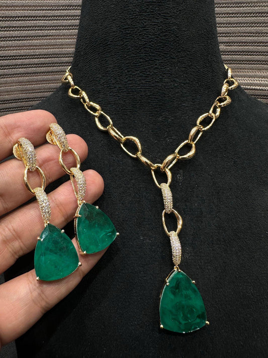 Doublet stone necklace set with American diamonds adjustable gold polished