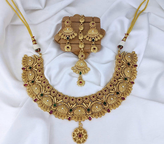 Antique finished gold necklace set ruby green