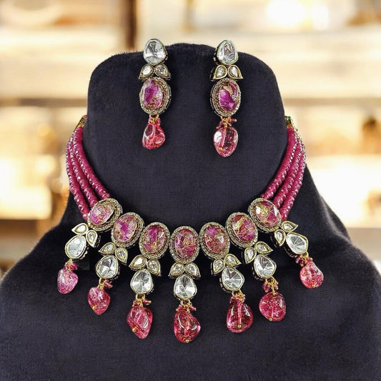 Pink beads necklace set in Polki, adjustable gold polished