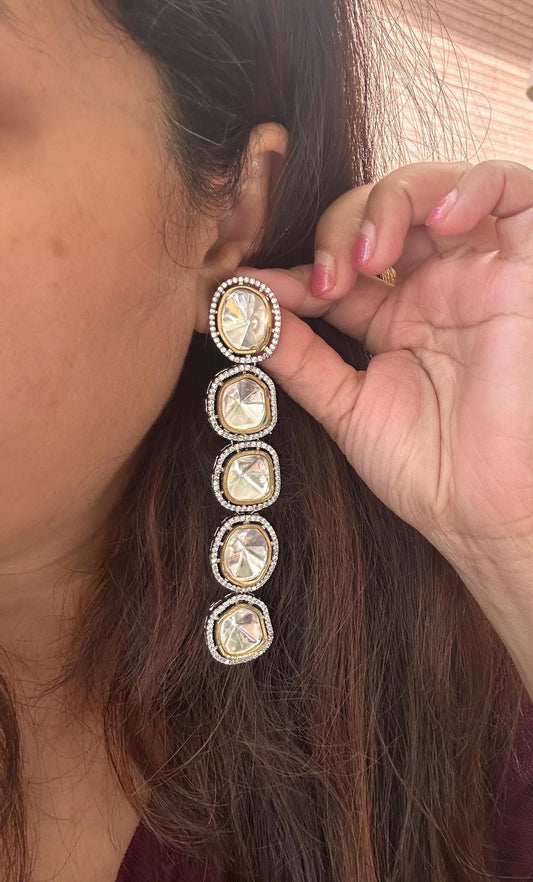 Polki long earrings with American diamonds two tone