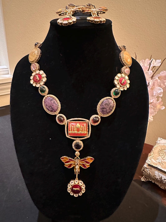 Sabyasachi inspired chain and pendant set with American diamonds and semiprecious stone (doublet stone)