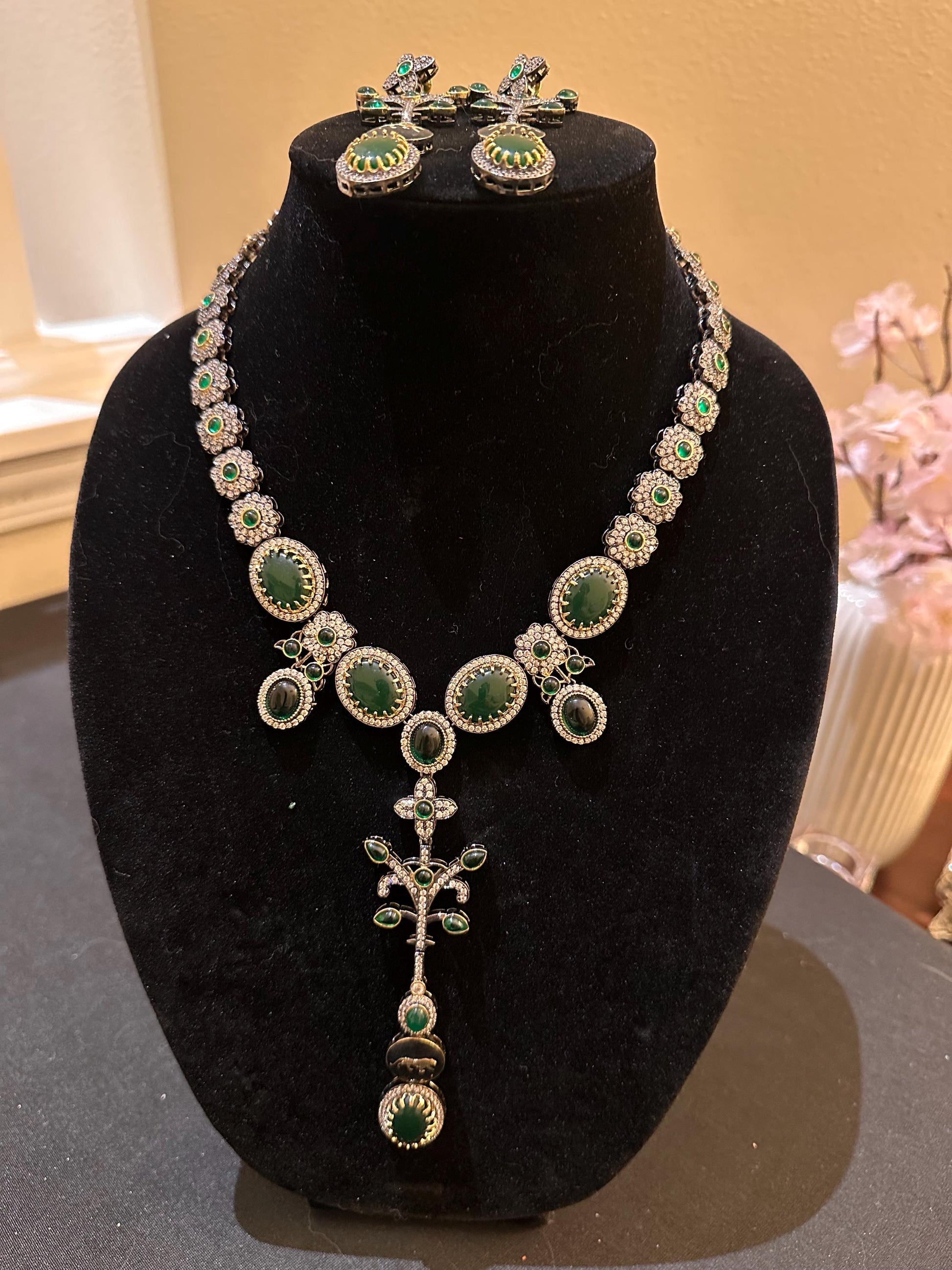 Sabyasachi inspired long necklace set emerald stones gold polished