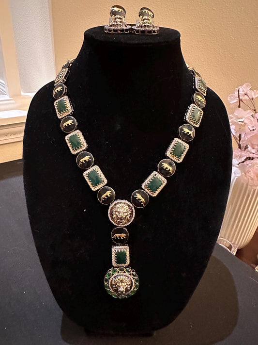 Sabyasachi inspired long necklace set emerald stones gold polished