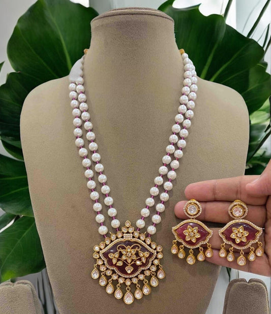 Red Doublet Stone Necklace Set with inlay work: Mossanite, Polki American Diamonds and pearls