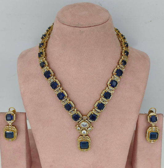 American Diamonds Cubic Zirconia Classic Necklace Set in dark blue color sabyasachi inspired design