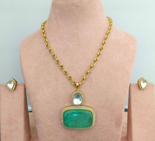 Doublet stone pendant with polki American diamonds and chain adjustable antique gold polished
