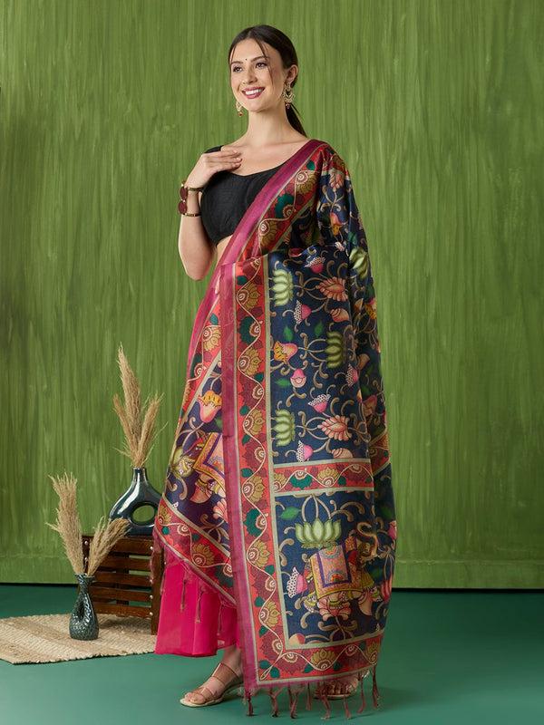 Ethnic Pichwai Printed Blue & Multi Assam Silk Dupatta/Stole/Shawl