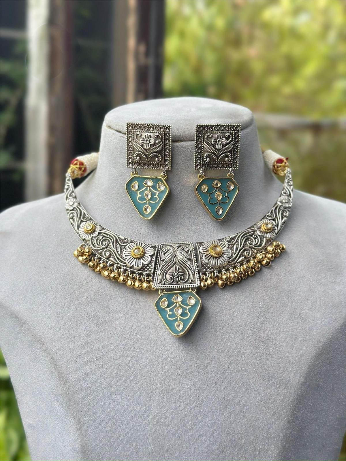German Silver Bollywood Necklace Set, Polki, Pearls