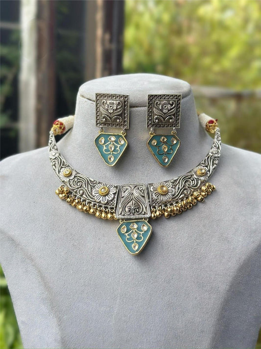 German Silver Bollywood Necklace Set, Polki, Pearls