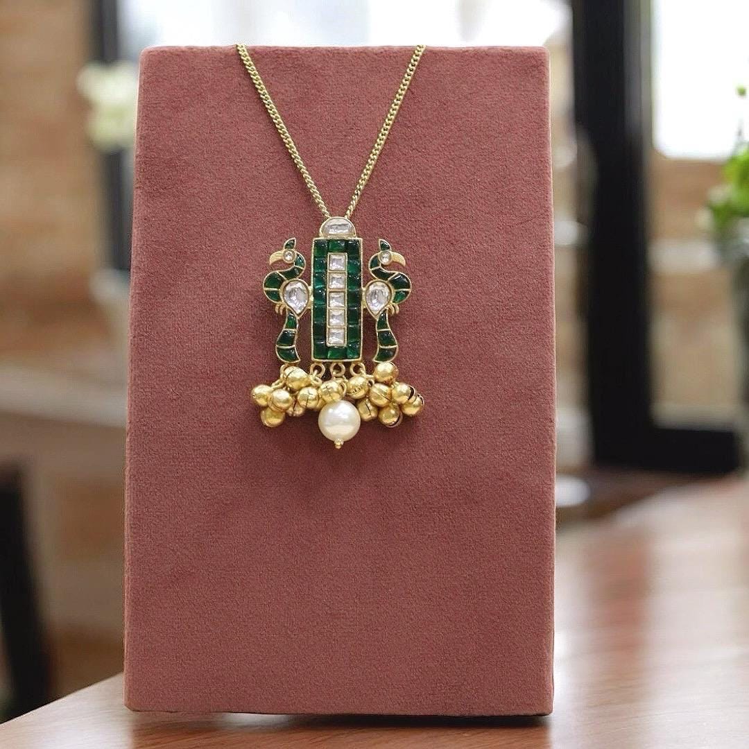 Jadau and American diamond pendant delicate chain necklace with antique gold finish handmade