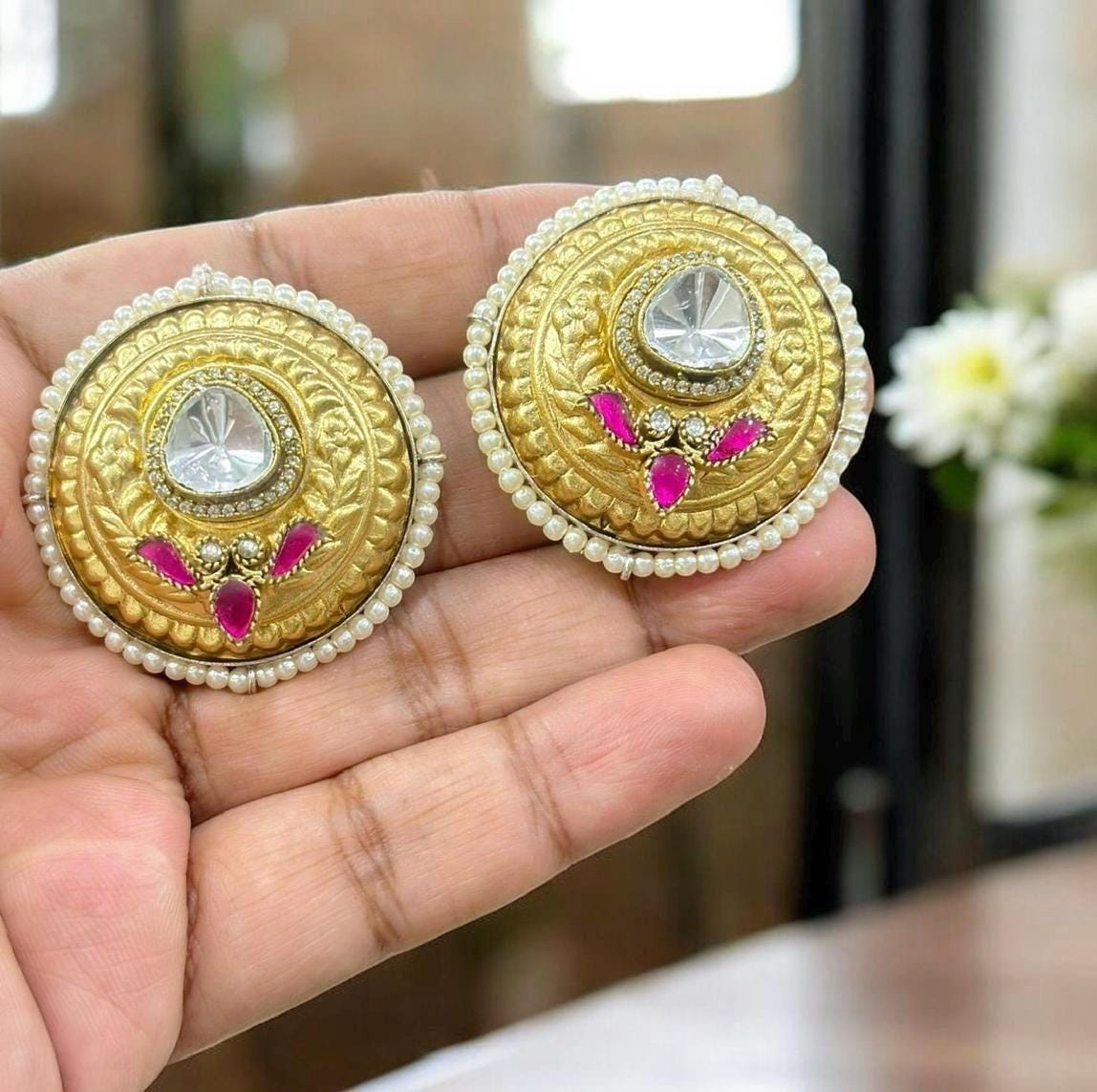 Antique gold finished big stud earrings Jadau earrings handmade with polki and pearls
