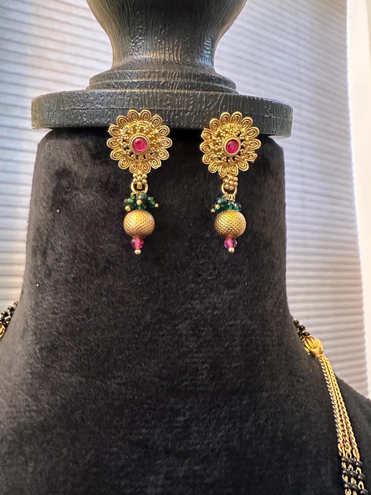 Ruby green long mangalsutra antique gold polished