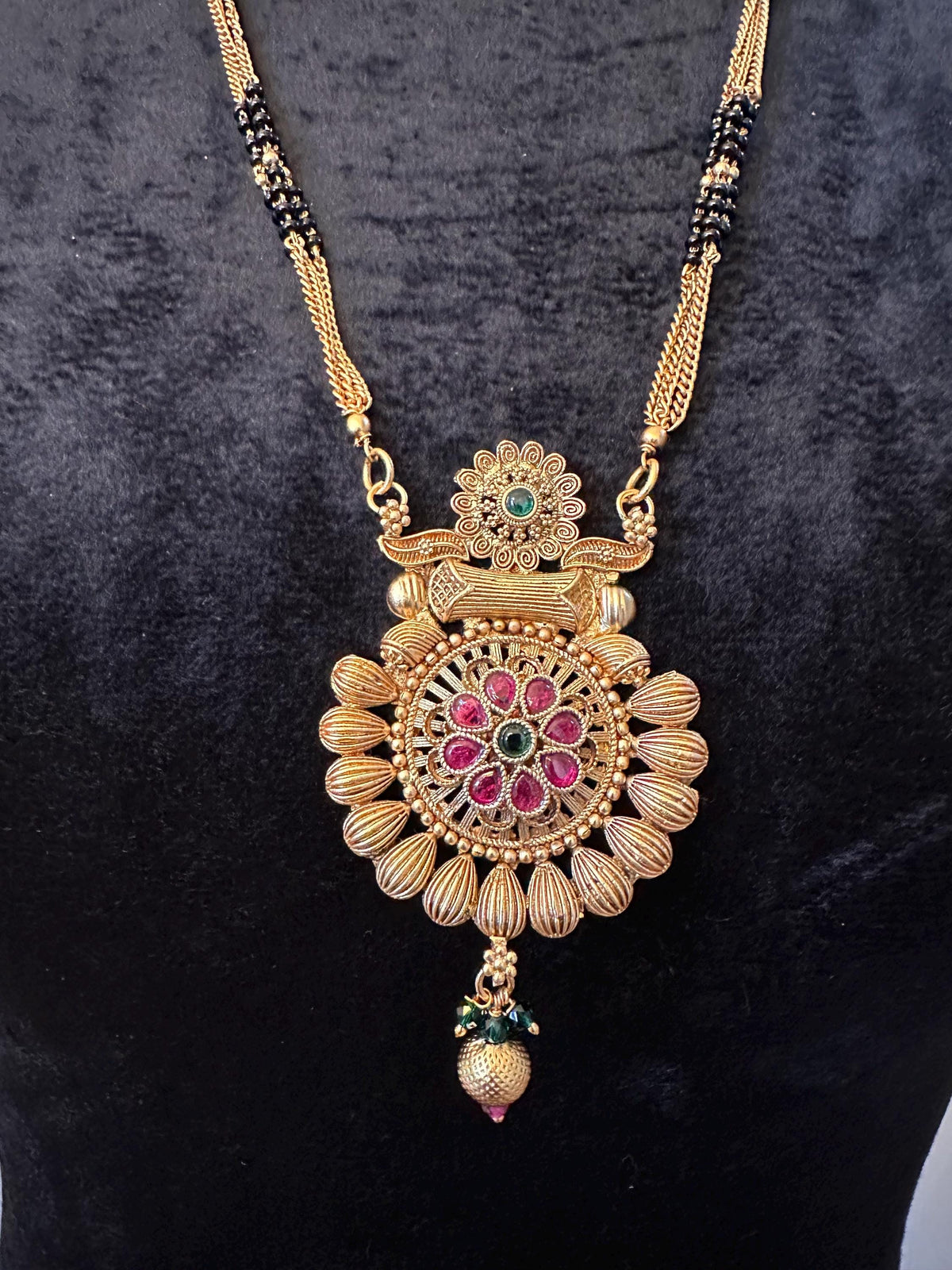 Ruby green long mangalsutra antique gold polished