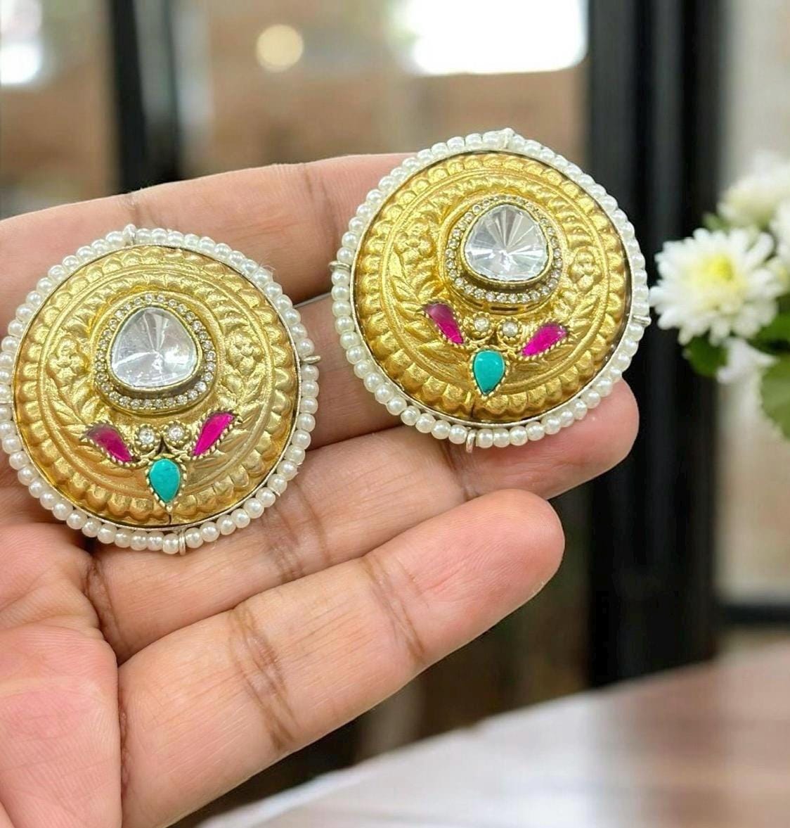 Antique gold finished big stud earrings Jadau earrings handmade with polki and pearls
