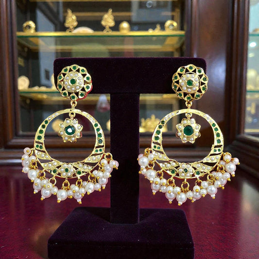 Green diamonds AD, Jadau and pearl jhumkas gold polished chandelier earrings trendy lightweight
