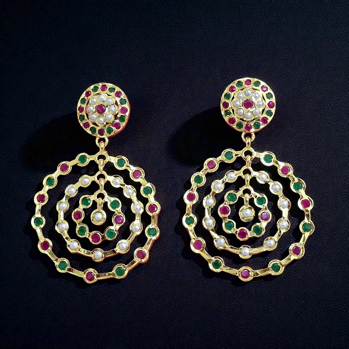 Rubygreen diamonds AD, Jadau and pearl jhumkas gold polished chandelier earrings trendy lightweight
