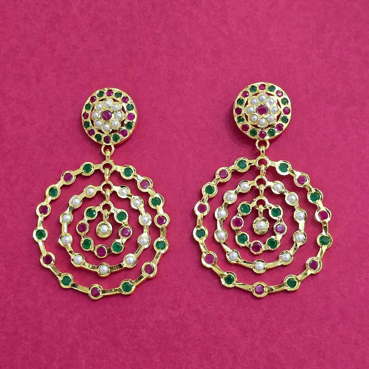 Rubygreen diamonds AD, Jadau and pearl jhumkas gold polished chandelier earrings trendy lightweight