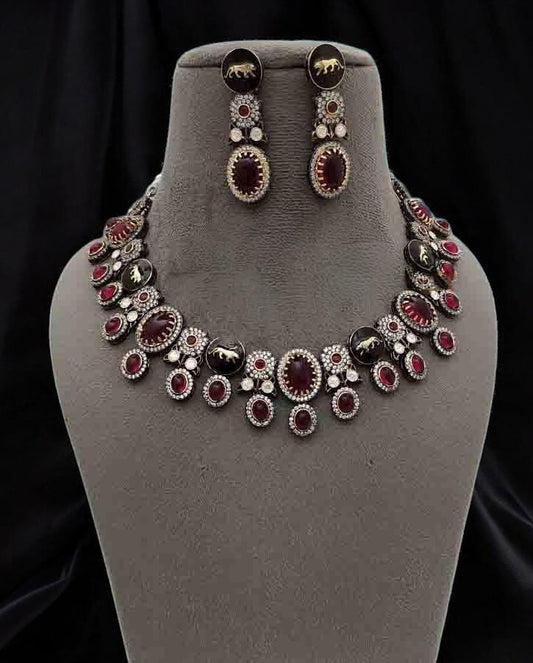 Sabyasachi inspired long necklace set ruby stones gold polished