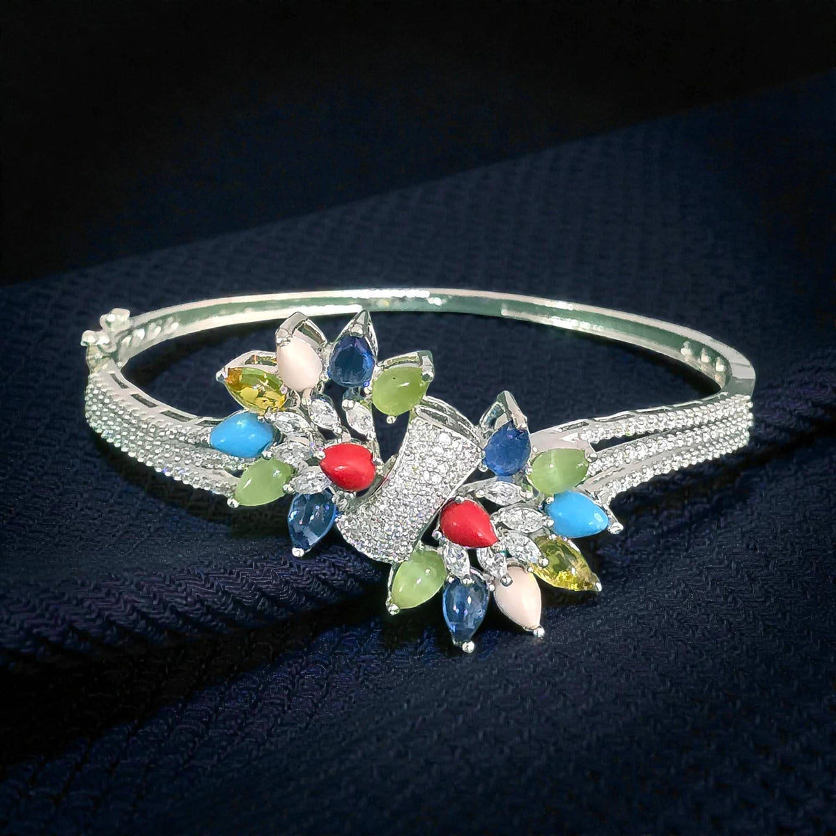 American diamonds CZ bracelet multi color, Kada Openable silver polished