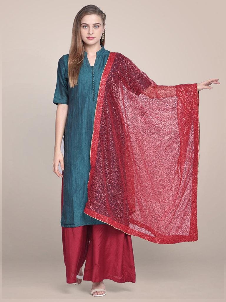 Red Embellished Net Dupatta shawl stole