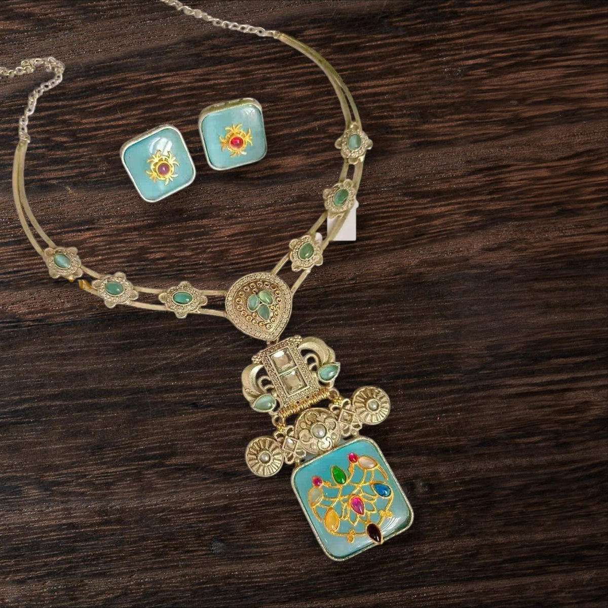 German Silver Hasli Set: Kundan Style, Doublet Stone Inlay necklace with earrings
