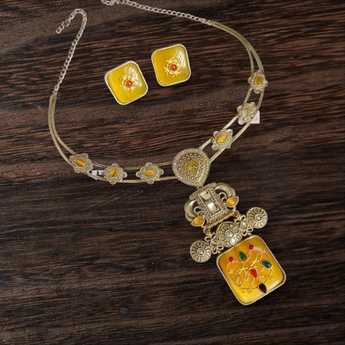 German Silver Hasli Set: Kundan Style, Doublet Stone Inlay necklace with earrings
