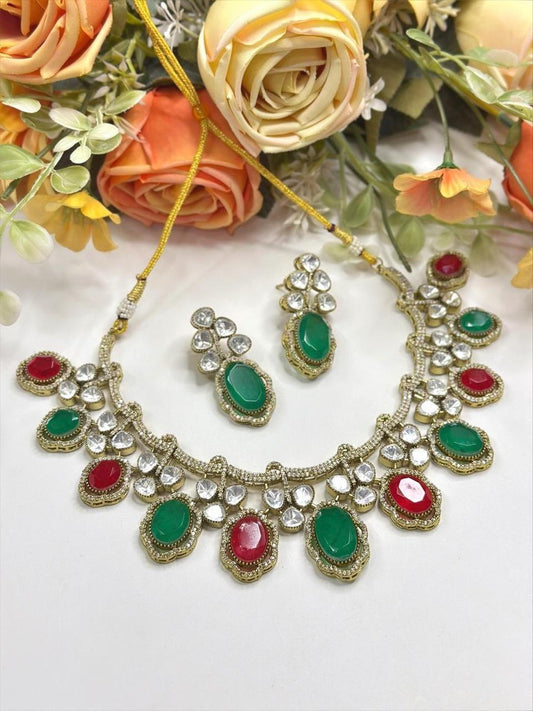 Doublet Stone, Polki: Antique Gold polished with American Diamonds necklace set