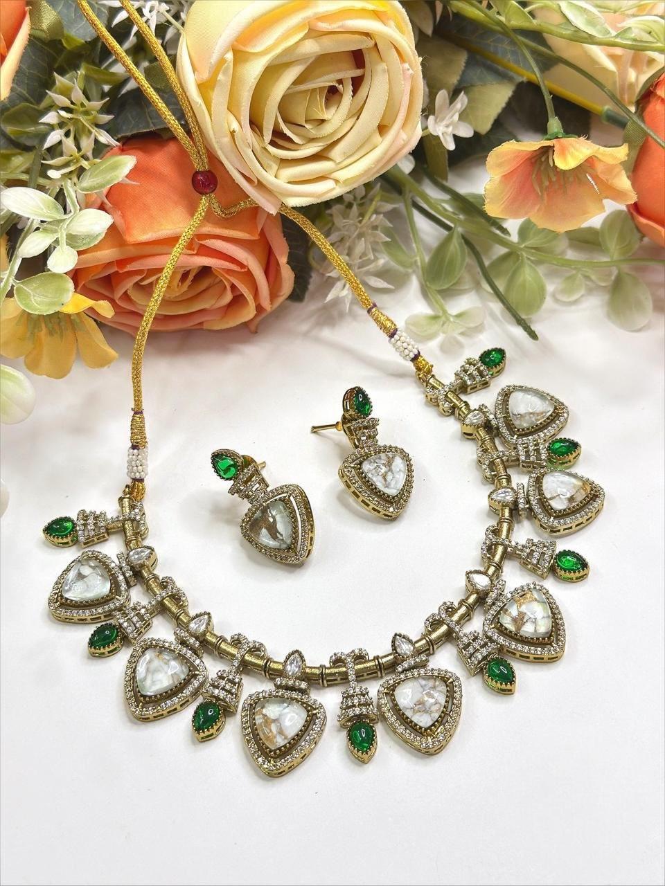 Emerald and white Doublet Stone, Polki: Antique Gold polished with American Diamonds necklace set